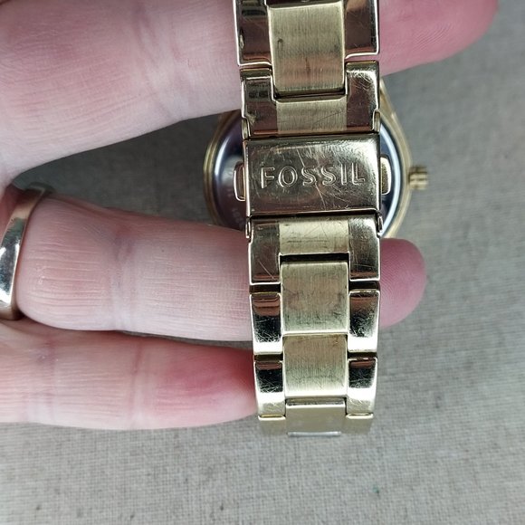 Soft Gold Fossil three dial Watch w Green, red & champagne colored rhinestones - Picture 5 of 5